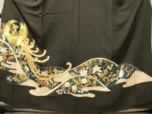 平和屋着物■豪華黒留袖　駒刺繍　鳳凰花唐草文　金銀彩　正絹　逸品　CABF5743oy