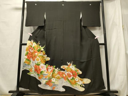 平和屋着物■豪華黒留袖 駒刺繍 尾長鳥花文 金彩 正絹 逸品 CABF5777oy