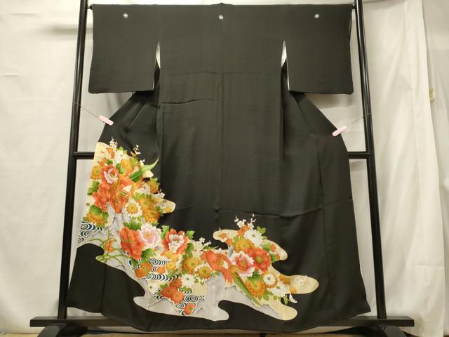 平和屋着物■豪華黒留袖 駒刺繍 尾長鳥花文 金彩 正絹 逸品 CABF5777oy