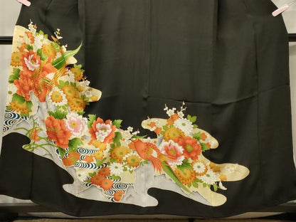 平和屋着物■豪華黒留袖 駒刺繍 尾長鳥花文 金彩 正絹 逸品 CABF5777oy