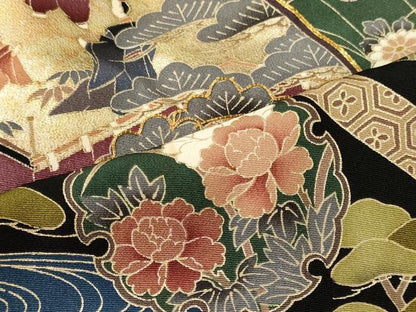 平和屋着物■豪華黒留袖 駒刺繍 人物雪輪花松文 金銀彩 正絹 逸品 CABF5795oy