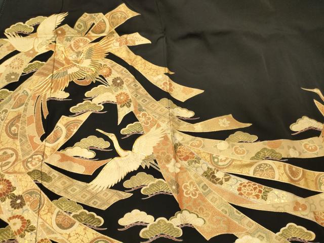 平和屋着物□豪華黒留袖 駒刺繍 短冊飛鶴花松文 金彩 正絹