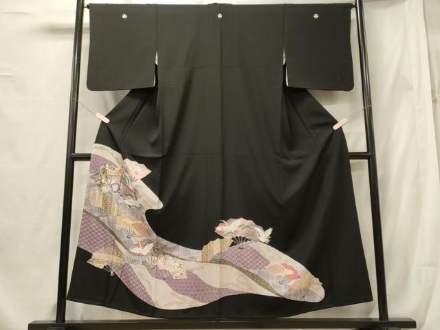 平和屋着物■豪華黒留袖　駒刺繍　吉祥桧扇飛鶴文　金彩　正絹　逸品　CABF5797oy