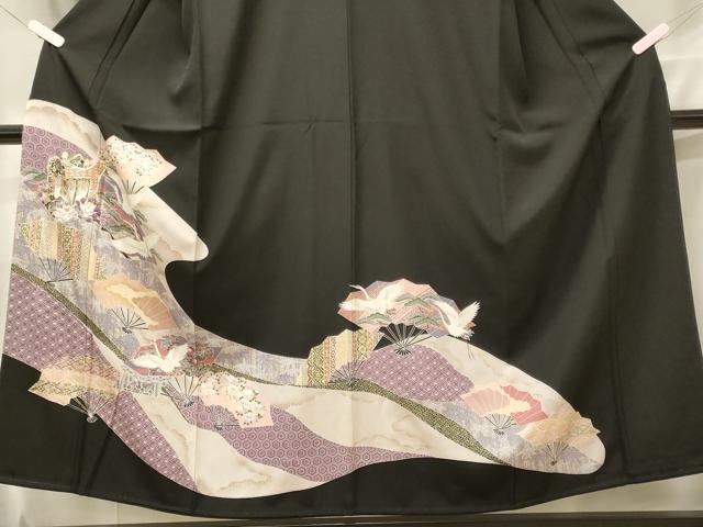 平和屋着物■豪華黒留袖　駒刺繍　吉祥桧扇飛鶴文　金彩　正絹　逸品　CABF5797oy
