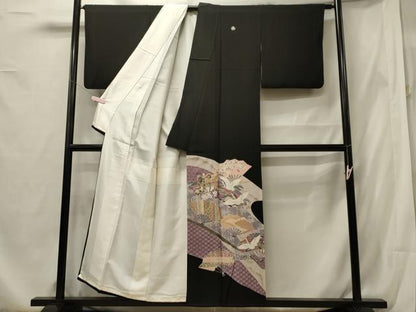 平和屋着物■豪華黒留袖　駒刺繍　吉祥桧扇飛鶴文　金彩　正絹　逸品　CABF5797oy