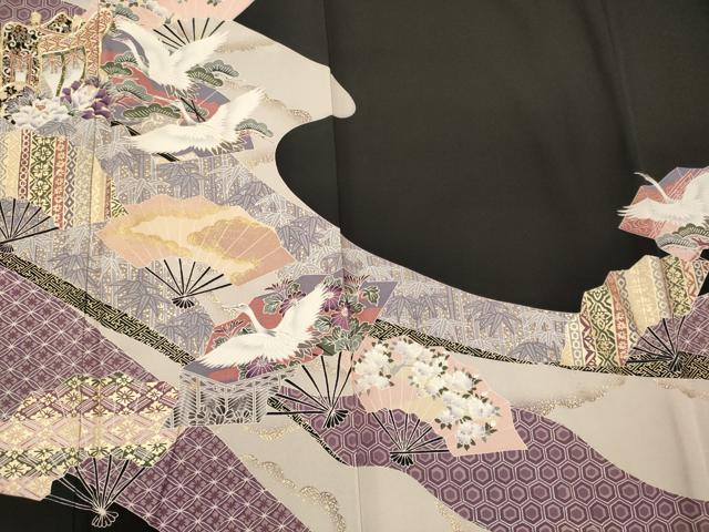 平和屋着物■豪華黒留袖　駒刺繍　吉祥桧扇飛鶴文　金彩　正絹　逸品　CABF5797oy