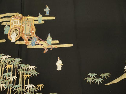 平和屋着物■豪華黒留袖 駒刺繍 御所車人物文 金彩 正絹 逸品 CABF5798oy