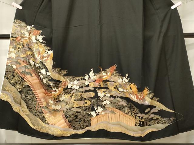 平和屋着物■豪華黒留袖 駒刺繍 渡橋飛鶴花松文 金銀彩 正絹 逸品 CABF5838oy