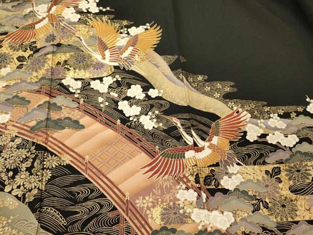 平和屋着物■豪華黒留袖 駒刺繍 渡橋飛鶴花松文 金銀彩 正絹 逸品 CABF5838oy