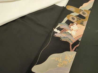 平和屋着物■豪華黒留袖 駒刺繍 渡橋飛鶴花松文 金銀彩 正絹 逸品 CABF5838oy