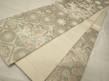 平和屋着物◎六通柄袋帯 唐織 四季草花鴛鴦文様 プラチナ箔 正絹 逸品 CABF5885oy