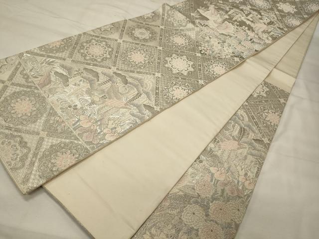 平和屋着物◎六通柄袋帯 唐織 四季草花鴛鴦文様 プラチナ箔 正絹 逸品 CABF5885oy