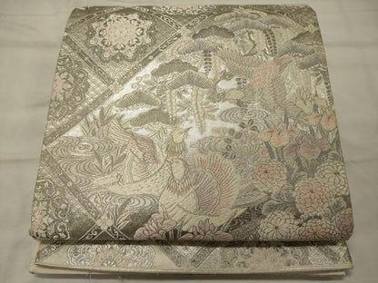 平和屋着物◎六通柄袋帯 唐織 四季草花鴛鴦文様 プラチナ箔 正絹 逸品 CABF5885oy