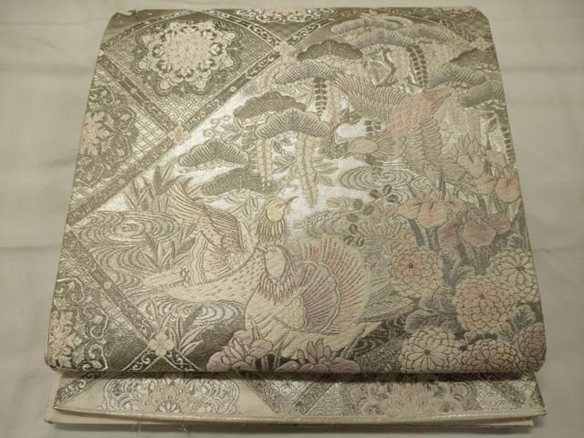 平和屋着物◎六通柄袋帯 唐織 四季草花鴛鴦文様 プラチナ箔 正絹 逸品 CABF5885oy