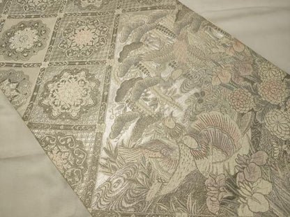 平和屋着物◎六通柄袋帯 唐織 四季草花鴛鴦文様 プラチナ箔 正絹 逸品 CABF5885oy
