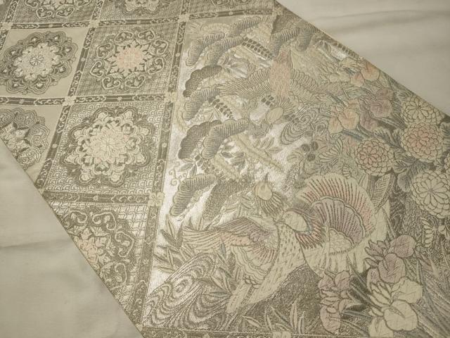 平和屋着物◎六通柄袋帯 唐織 四季草花鴛鴦文様 プラチナ箔 正絹 逸品 CABF5885oy