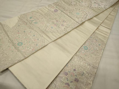 平和屋着物◎六通柄袋帯 唐織 正倉院花鳥文 銀糸 正絹 逸品 CABF5909oy