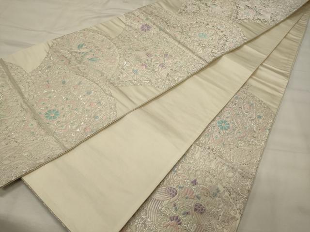 平和屋着物◎六通柄袋帯 唐織 正倉院花鳥文 銀糸 正絹 逸品 CABF5909oy