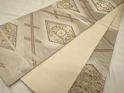 平和屋着物◎六通柄袋帯 ホワイトゴールド 菱正倉院花文 引箔 正絹 逸品 CABF5913oy