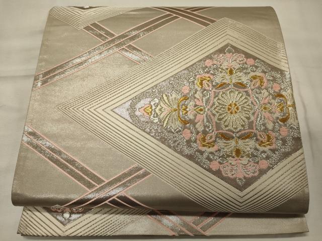 平和屋着物◎六通柄袋帯 ホワイトゴールド 菱正倉院花文 引箔 正絹 逸品 CABF5913oy