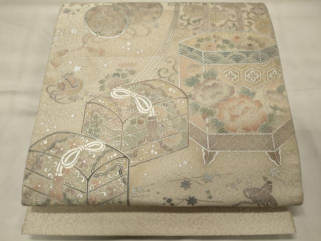 平和屋着物◎太鼓柄袋帯　綴れ　貝桶鼓文　銀彩　正絹　逸品　CABF5914oy