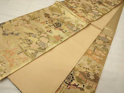 平和屋着物◎六通柄袋帯 御所車人物文 金糸 正絹 逸品 CABF5921oy