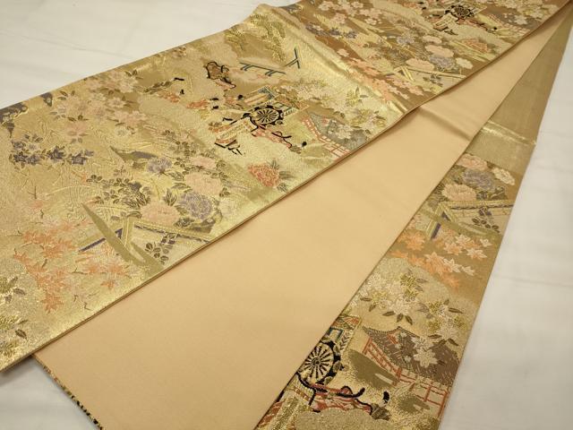 平和屋着物◎六通柄袋帯 御所車人物文 金糸 正絹 逸品 CABF5921oy