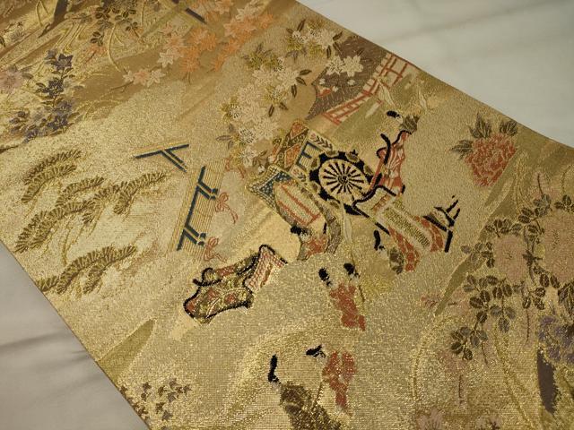平和屋着物◎六通柄袋帯 御所車人物文 金糸 正絹 逸品 CABF5921oy