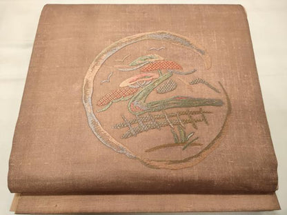 平和屋着物◎太鼓柄袋帯 紬地 総刺繍 飛鳥枝松丸文 金糸 正絹 逸品 CABF5923oy