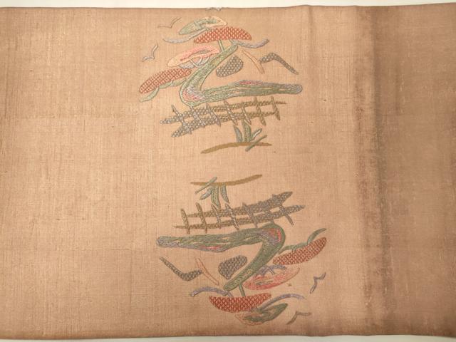 平和屋着物◎太鼓柄袋帯 紬地 総刺繍 飛鳥枝松丸文 金糸 正絹 逸品 CABF5923oy