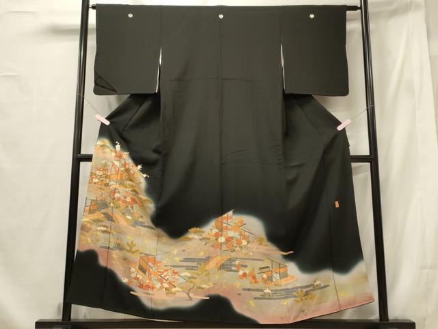 平和屋着物■豪華黒留袖 作家物 駒刺繍 渡橋花松文 暈し染め 金彩 正絹 逸品 CABF5936oy