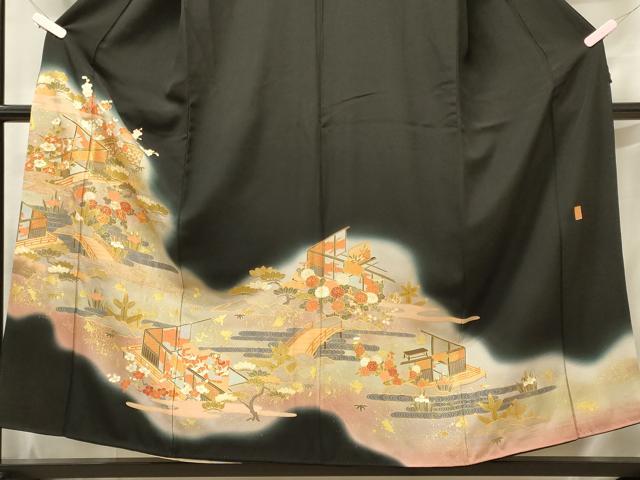 平和屋着物■豪華黒留袖 作家物 駒刺繍 渡橋花松文 暈し染め 金彩 正絹 逸品 CABF5936oy