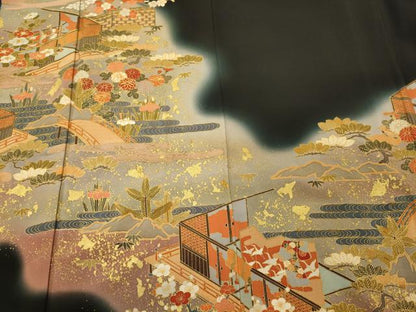 平和屋着物■豪華黒留袖 作家物 駒刺繍 渡橋花松文 暈し染め 金彩 正絹 逸品 CABF5936oy