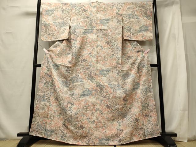平和屋着物□上質な小紋 風景花松文 金彩 鬼しぼ縮緬 正絹 逸品