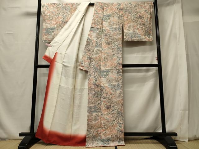 平和屋着物□上質な小紋 風景花松文 金彩 鬼しぼ縮緬 正絹 逸品