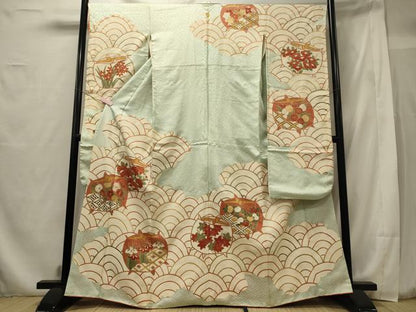 平和屋着物■豪華振袖 駒刺繍 青海波糸車花文 金彩 正絹 逸品 CABF5955oy