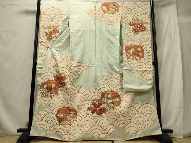 平和屋着物■豪華振袖 駒刺繍 青海波糸車花文 金彩 正絹 逸品 CABF5955oy