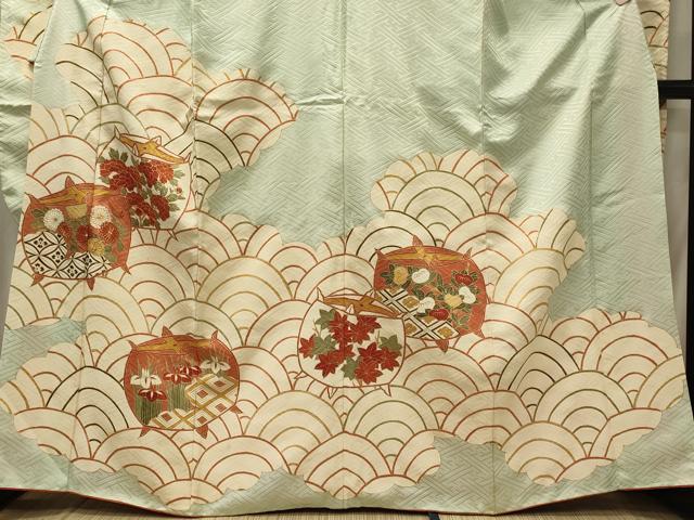 平和屋着物■豪華振袖 駒刺繍 青海波糸車花文 金彩 正絹 逸品 CABF5955oy