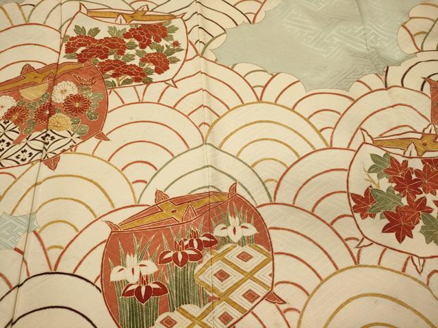 平和屋着物■豪華振袖 駒刺繍 青海波糸車花文 金彩 正絹 逸品 CABF5955oy