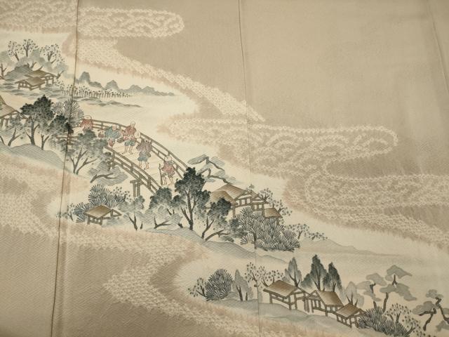平和屋着物■訪問着 手描き 絞り 人物渡橋風景文 暈し染め 正絹 逸品 未使用 CABF5966oy