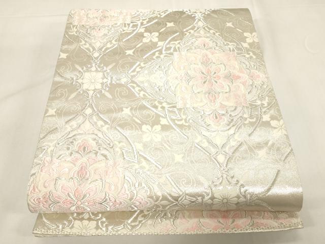 平和屋着物◎六通柄袋帯　唐織　吉祥花文　銀糸　正絹　逸品　CABF6001dy