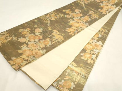 平和屋着物◎六通柄袋帯　流水籬草花文　金銀糸　正絹　逸品　CABF6004dy