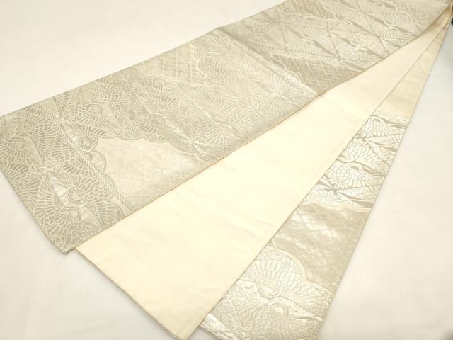 平和屋着物◎六通柄袋帯　向かい鶴文　銀糸　正絹　逸品　CABF6007dy