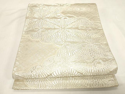 平和屋着物◎六通柄袋帯　向かい鶴文　銀糸　正絹　逸品　CABF6007dy