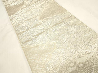 平和屋着物◎六通柄袋帯　向かい鶴文　銀糸　正絹　逸品　CABF6007dy