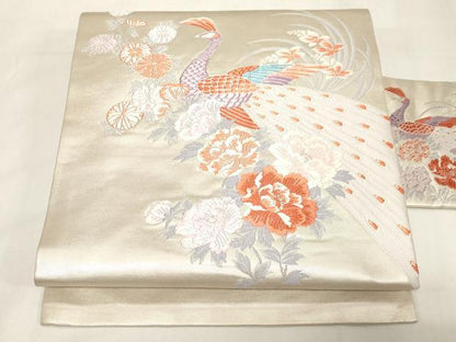 平和屋着物◎九寸名古屋帯　唐織　孔雀花文　銀糸　正絹　逸品　CABF6022dy