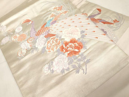 平和屋着物◎九寸名古屋帯　唐織　孔雀花文　銀糸　正絹　逸品　CABF6022dy