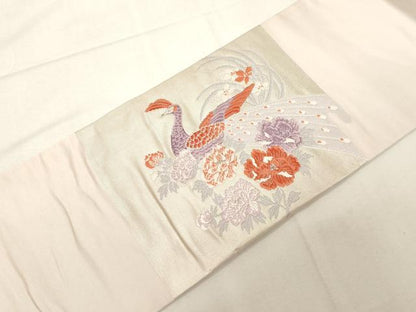 平和屋着物◎九寸名古屋帯　唐織　孔雀花文　銀糸　正絹　逸品　CABF6022dy