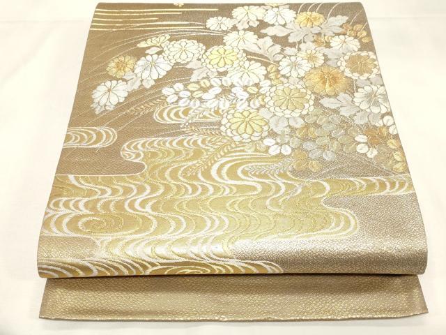 平和屋着物◎六通柄袋帯　流水草花文　金銀糸　正絹　逸品　CABF6027dy