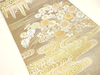 平和屋着物◎六通柄袋帯　流水草花文　金銀糸　正絹　逸品　CABF6027dy